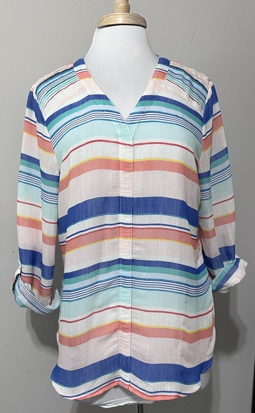 Zac & Rachel Women's Large Striped Lightweight Tunic Blouse Roll Tab Sleeve